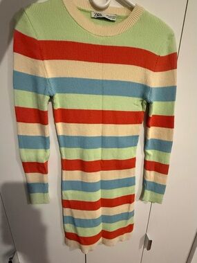 Zara Multicolor Striped Rib-Knit Crewneck Dress in Green, Blue, Red, Cream